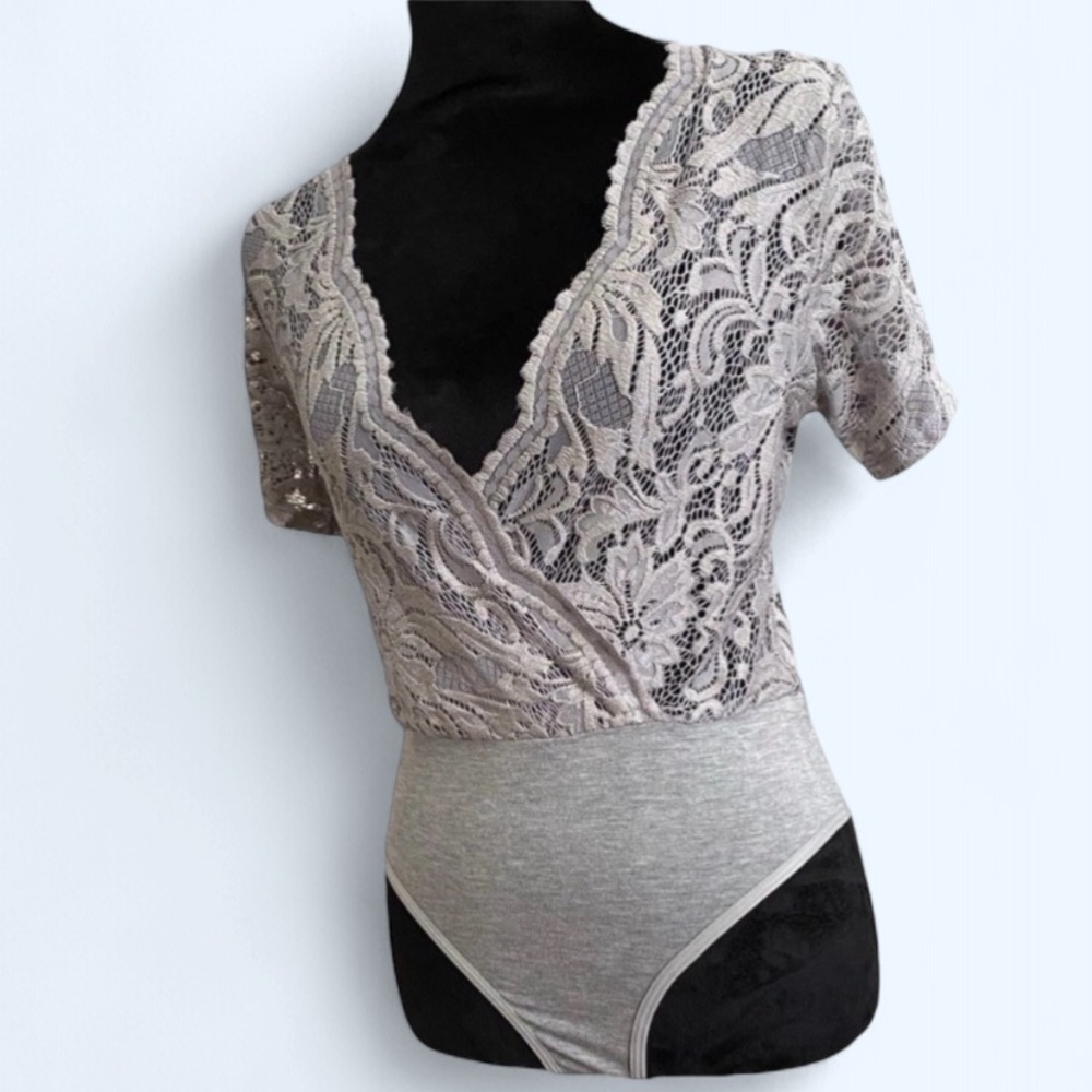 Elegant Lace Wrap Top - Gray Bodysuit snaps crotch